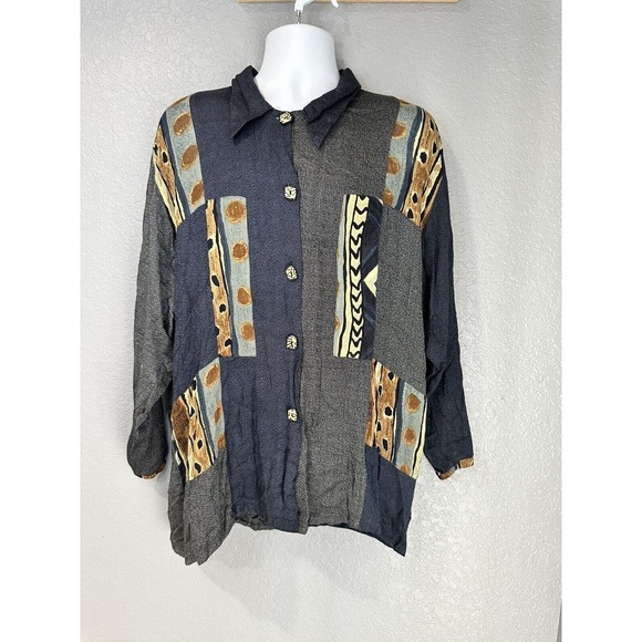 Vintage 90s Zashi Geometric‎ Long Sleeve Blouse/Top Size L - Picture 1 of 5